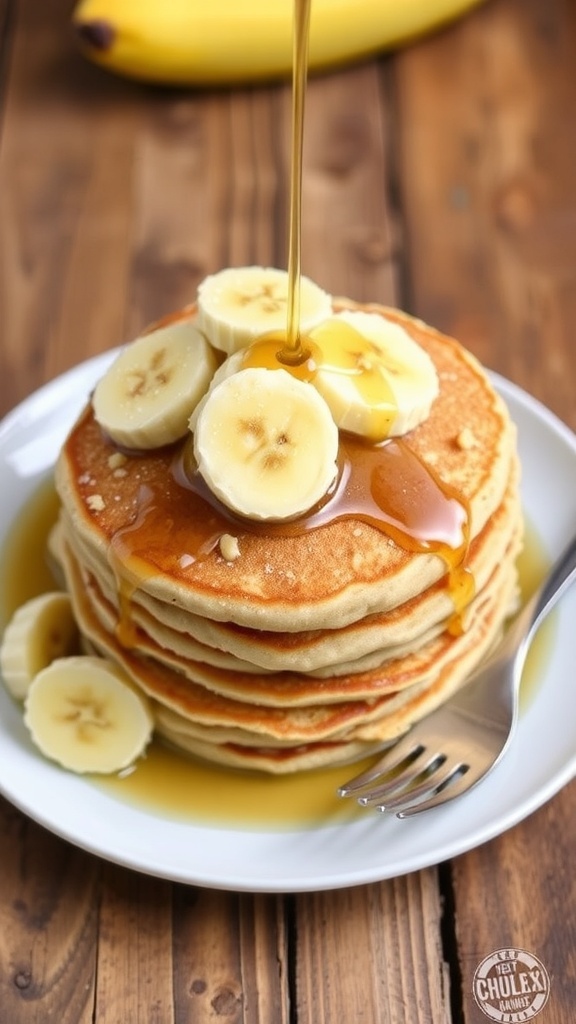 A stack of banana oatmeal pancakes with banana slices and syrup on a rustic table.